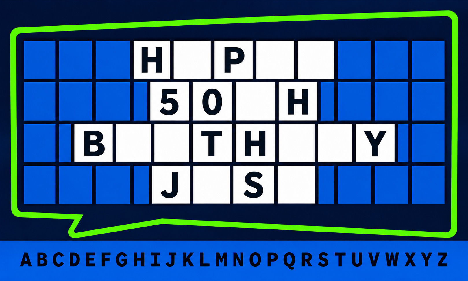 Birthday word puzzle: Happy 50th Birthday Josh, with some letters concealed